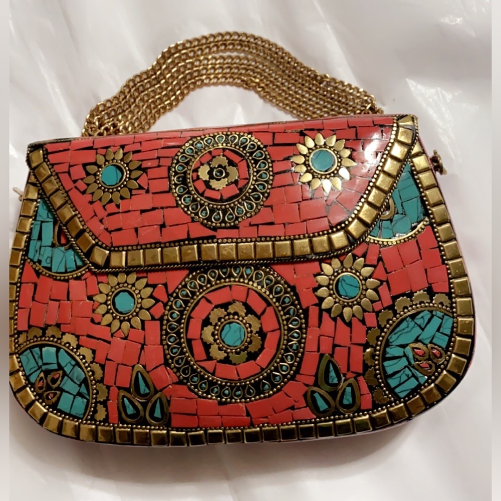 New Antik Kraft Clutch/CrossbodyMetal Strap Chain Mosaic Coral Turquoise 8” X 5”